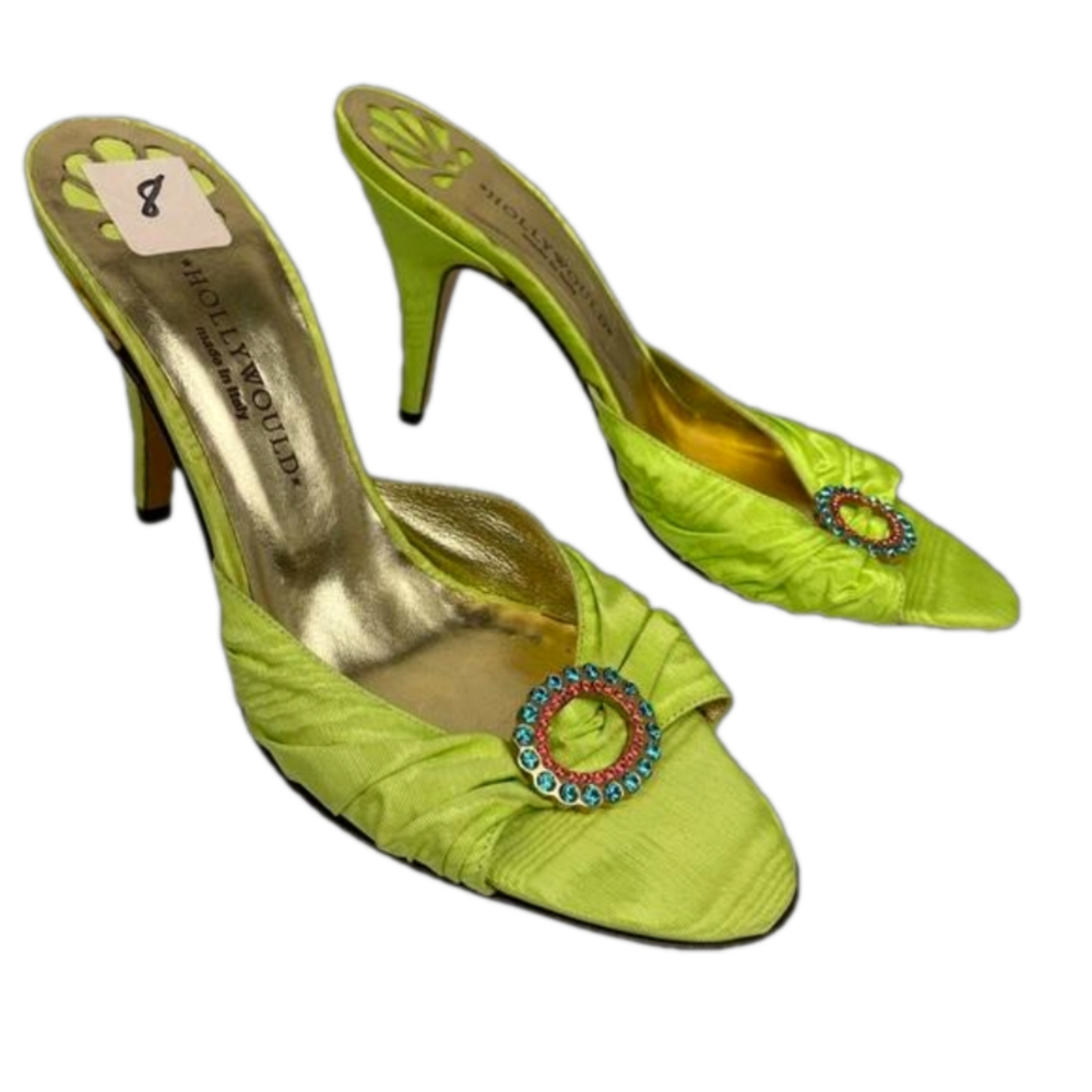 Hollywould Lime Green Taffeta Rhinestone Open toe heel Size 8